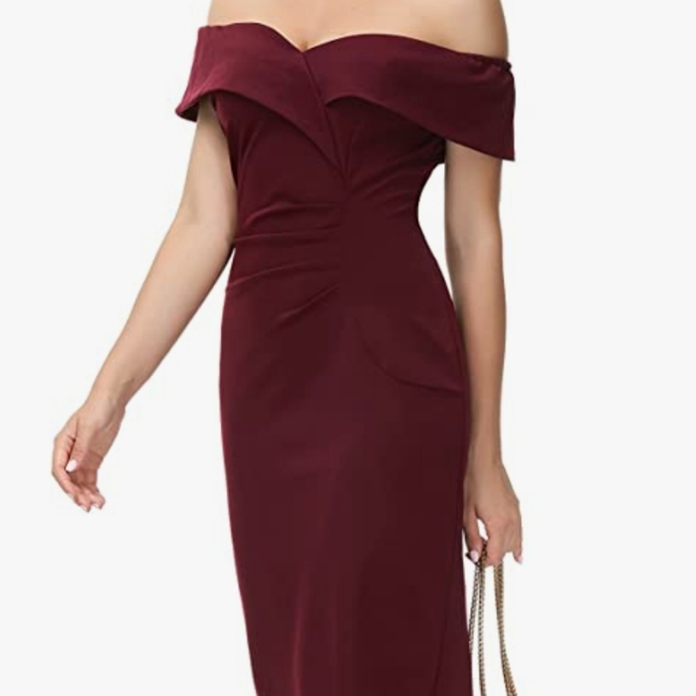 Vintage Inspired Off The Shoulder Bodycon Dress Large Wine Red - Picture 6 of 6